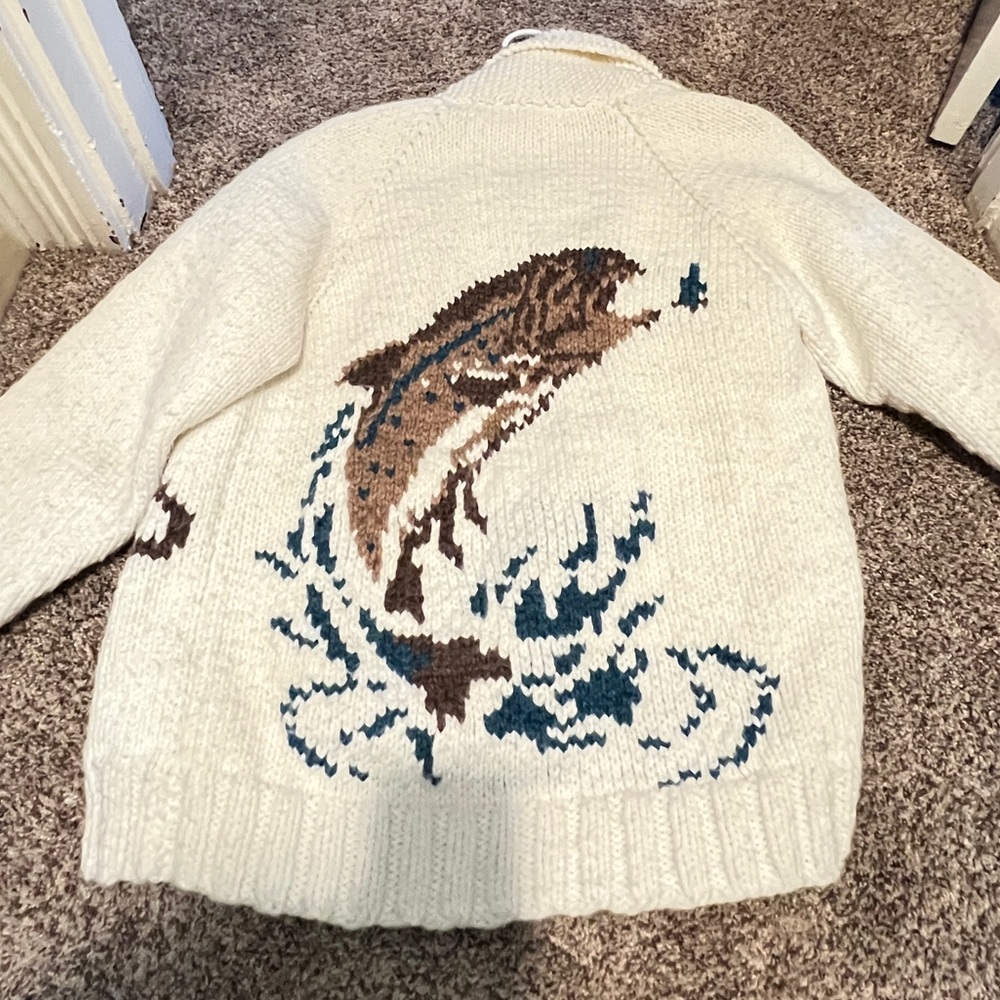 Hand Made Vintage Wool Cardigan Mary Maxim Fish Pattern